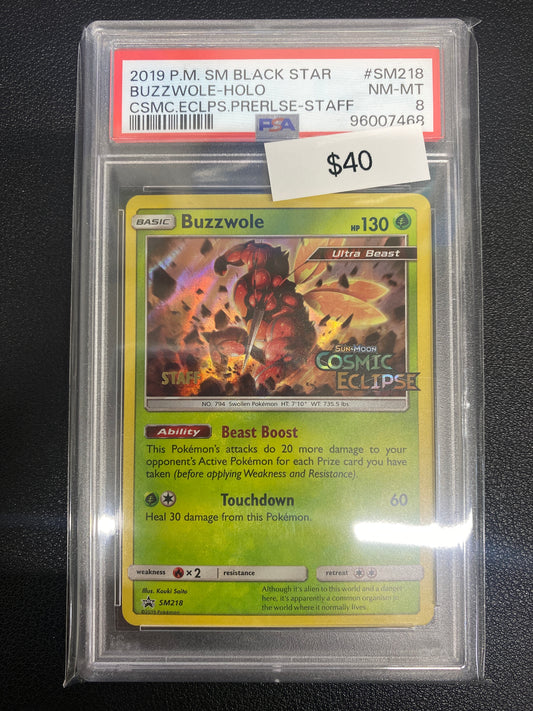 Pokémon Buzzwole Prerelease Staff Promo Cosmic Eclipse SM218 PSA 8