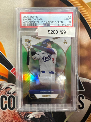 2025 Topps MLB Shohei Ohtani Welcome/Club 3x MVP Green Foilboard /99 PSA 9