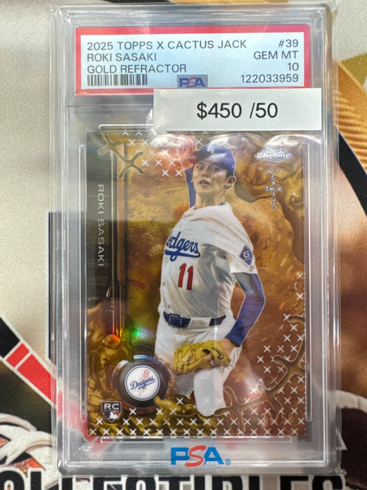 2025 Topps Chrome X Cactus Jack MLB Roki Sasaki Rookie Gold Refractor /50 PSA 10