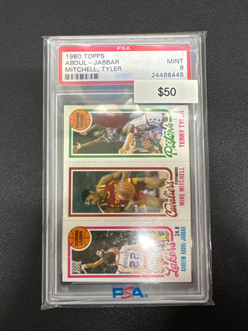 1980 Topps NBA Kareem Abdul-Jabbar, Mike Mitchell & Terry Tyler PSA 9