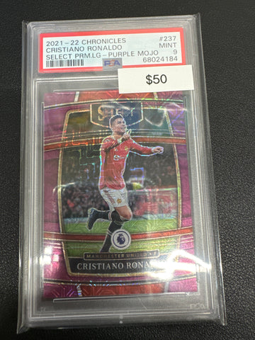 2021-22 Cristiano Ronaldo Chronicles Select Premier League Purple Mojo PSA 9