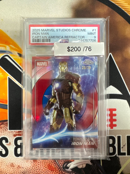 2025 Topps Marvel Studios Chrome Iron Man Captain America Refractor /76 PSA 9