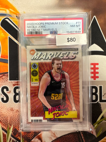 2023 NBA Hoops Premium Stock NBA Nikola Jokic Retro Net Marvels PSA 8