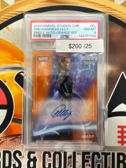 2025 Topps Marvel Studios Chrome Evangeline Lilly As The Wasp Single Auto Orange Refractor /25 PSA 8