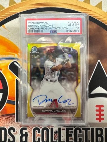 2023 Bowman MLB Dominic Canzone Chrome Prospect Autograph Yellow /75 PSA 10