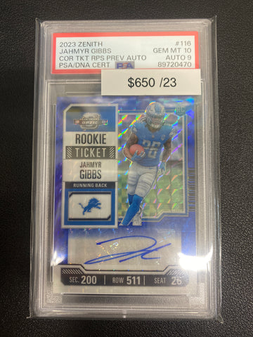 2023 Zenith Jahmyr Gibbs Rookie Ticket Preview Auto /23 PSA 10