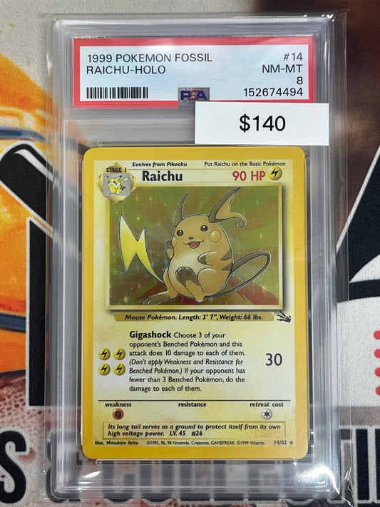 Pokémon Raichu Holo Fossil 14/62 PSA 8