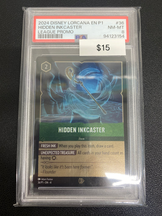 Disney Lorcana P1 League Promo Hidden Inkcaster PSA 8