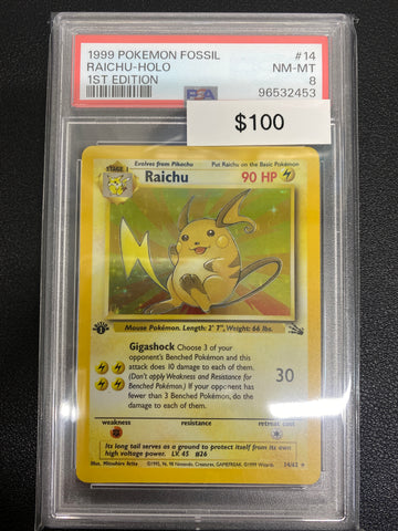 Pokémon 1st Edition Fossil Raichu Holo PSA 8