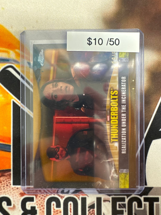 2025 Topps Chrome Marvel Studios Thunderbolts Realization Under The Incinerator Gold Refractor /50
