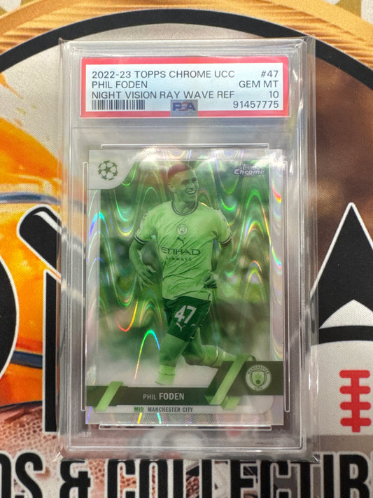 2022-23 Topps Chrome UCC Phil Foden Night Vision Ray Wave Refractor /225 PSA 10