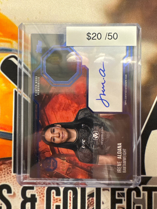 2025 Topps UFC Knockout Irene Aldana Knockout Autograph Relic Blue Refractor /50