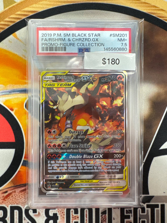 2019 Pokemon Sun & Moon Black Star Full Art Reshiram & Charizard GX SM201 Promo Figure Collection PSA 7.5