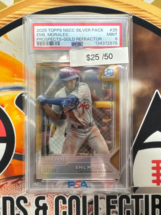 2025 Topps NSCC Silver Pack Emil Morales Prospects Gold Refractor /50 PSA 9