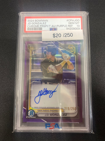 2024 Bowman JD Gonzalez Chrome Prospect Auto Purple Refractor /250 PSA 10