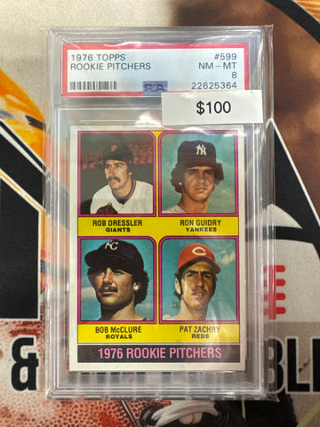 1976 Topps MLB Rookie Pitchers Rob Dressler, Ron Guidry, Bob McClure & Pat Zachry PSA 8