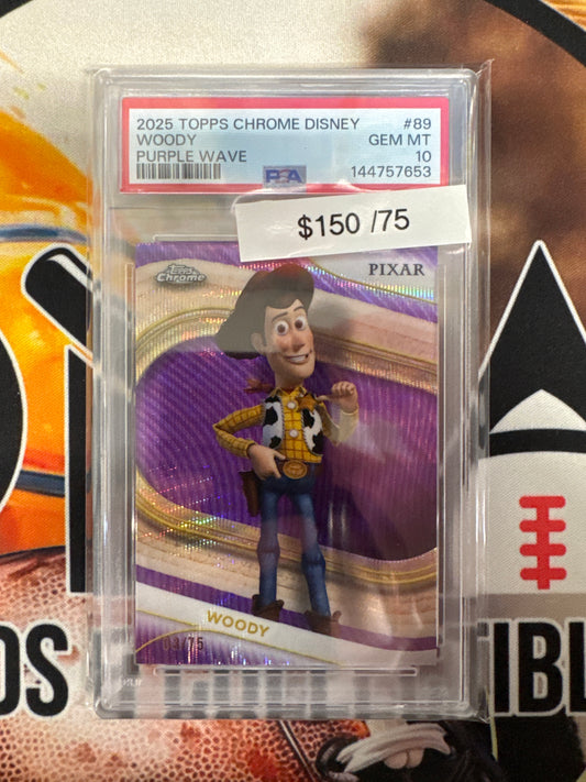2025 Topps Chrome Disney Woody Purple Wave Refractor /75 PSA 10