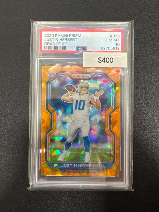 2020 NFL Prizm Justin Herbert Orange Ice Rookie PSA 10