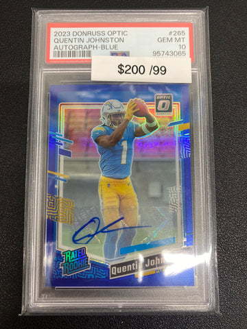 2023 Optic Quentin Johnston Rated Rookie Blue Auto /99 PSA 10