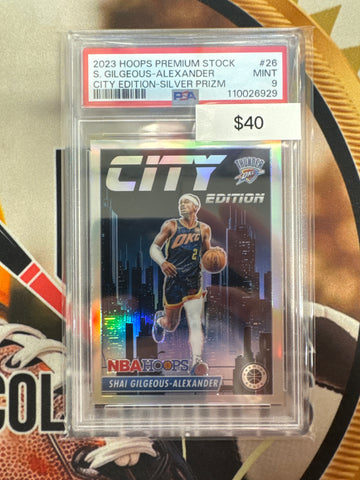 2023 NBA Hoops Premium Stock Basketball Shai Gilgeous-Alexander City Edition Silver Prizm PSA 9