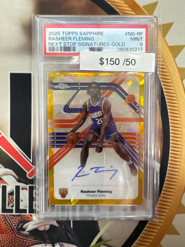 2025 Topps Chrome NBA Sapphire Rasheer Fleming Next Stop Signatures Rookie Gold Refractor /50 PSA 9
