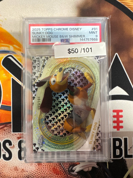 2025 Topps Chrome Disney Slinky Dog Mickey Mouse Black & White Shimmer /101 PSA 9
