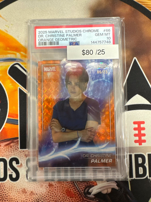 2025 Topps Marvel Studios Chrome Dr. Christine Palmer Orange Geometric Refractor /25 PSA 10