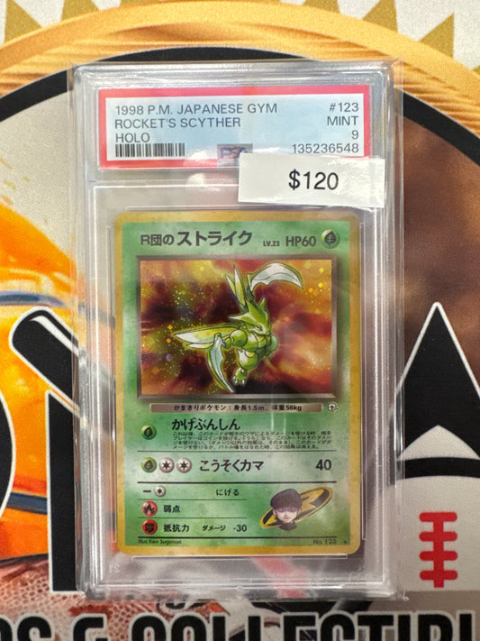 1998 Pokemon Japanese Gym Rocket’s Scyther No. 123 Holo PSA 9