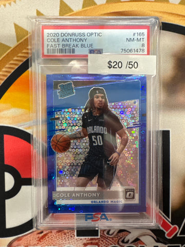 2020 Panini Donruss Optic NBA Cole Anthony Rated Rookie Fast Break Blue /50 PSA 8