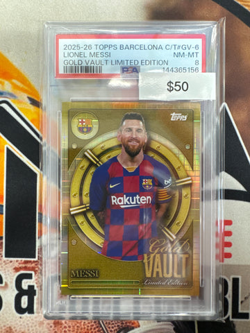 2025-26 Topps Barcelona Collectors Tin Lionel Messi Gold Vault Limited Edition PSA 8