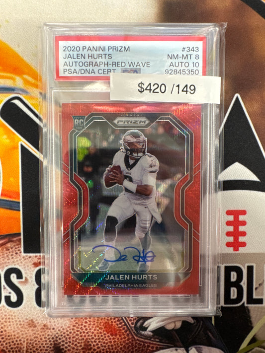2020 Panini Prizm NFL Jalen Hurts Rookie Autograph Red Wave /149 PSA 8 Auto 10
