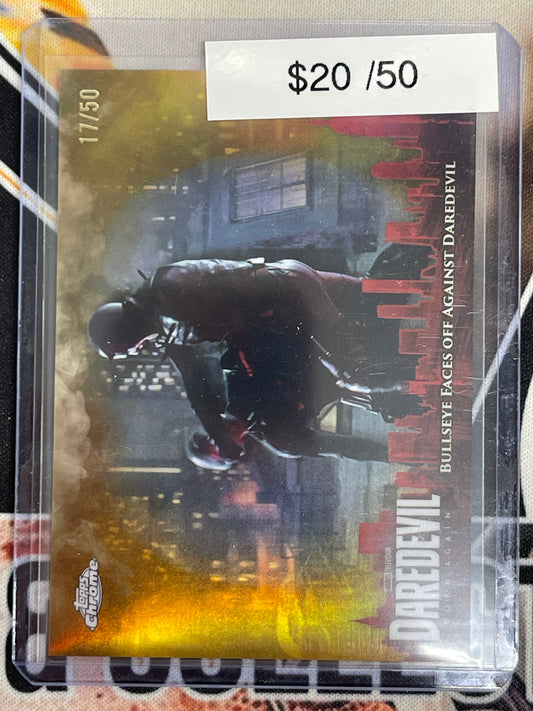2025 Topps Chrome Marvel Studios Bullseye Faces Off Against Daredevil Gold /50