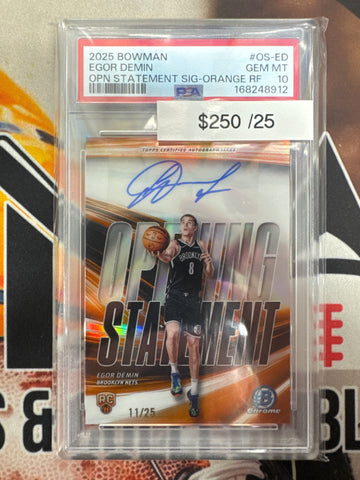 2025 Bowman Basketball Egor Demin Rookie Opening Statement Autograph Orange Refractor /25 PSA 10
