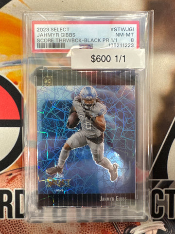 2023 Panini Select NFL Jahmyr Gibbs Rookie Score Throwback Black Prizm 1/1 PSA 8