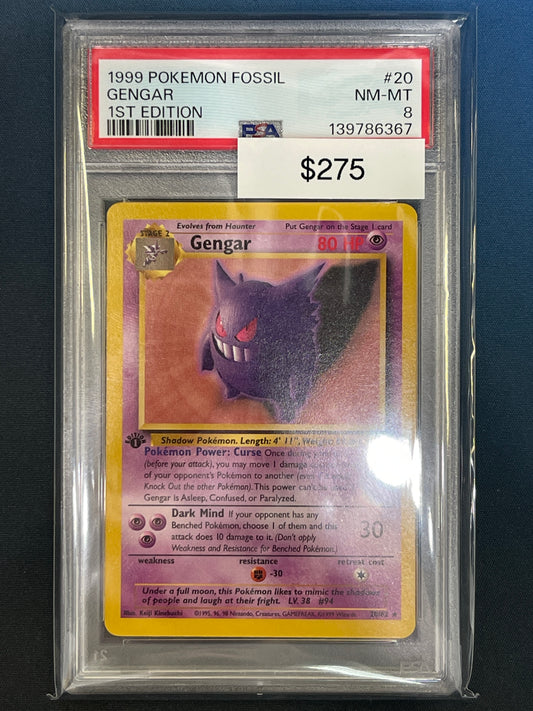 Pokémon 1st Edition Gengar Non-Holo Fossil 20/62 PSA 8