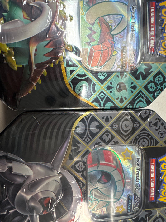 Pokemon Paldean Fates tin Iron treads ex or Great Tusk ex