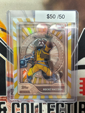 2026 Topps Marvel Mint Rocket Raccoon Bronze Card In Marvel We Trust Gold Refractor /50