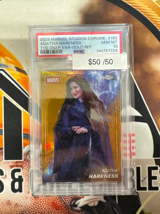 2025 Topps Marvel Studios Chrome Agatha Harkness The Snap VAR Gold Refractor /50 PSA 10