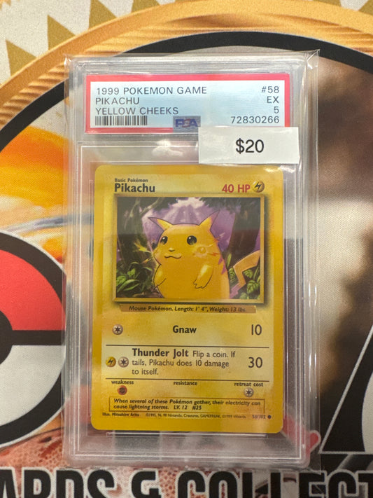 1999 Pokémon Game Pikachu 58/102 Base Set Yellow Cheeks PSA 5