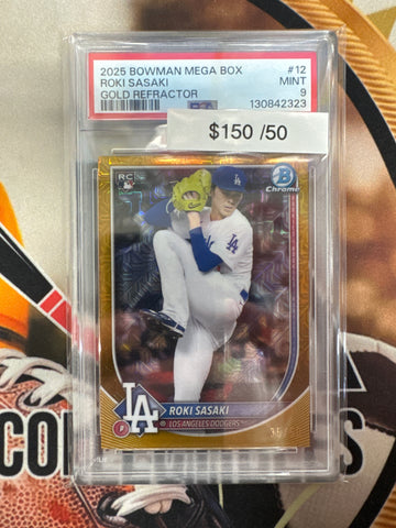 2025 Bowman Mega Box MLB Roki Sasaki Rookie Gold Refractor /50 PSA 9