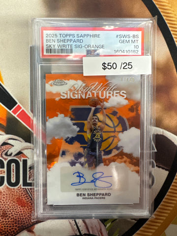 2025 Topps Chrome NBA Sapphire Ben Sheppard Sky Write Signatures Orange Refractor /25 PSA 10