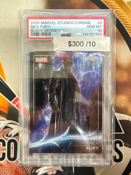 2025 Topps Marvel Studios Chrome Nick Fury Black Geometric Refractor /10 PSA 10