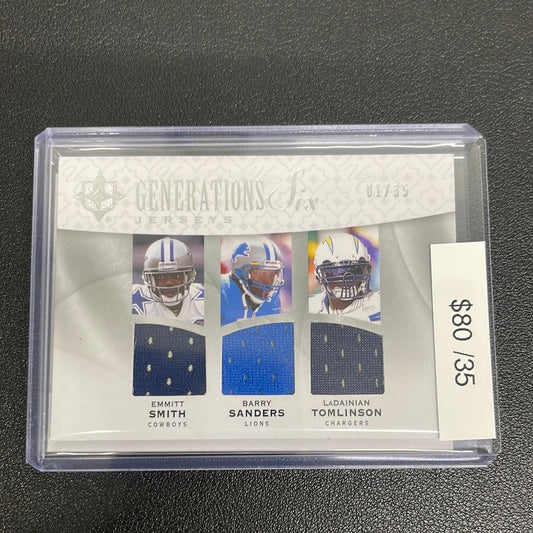 2009 NFL Ultimate Collection Generations Six Jerseys Emmitt Smith, Knowshon Moreno, Barry Sanders, LeSean McCoy, LaDainian Tomlinson, Chris “Beanie” Wells Patch /35