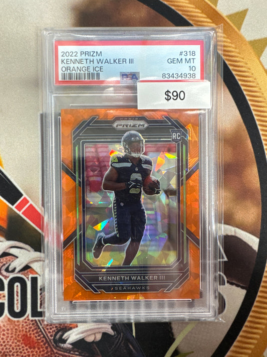 2022 Panini Prizm NFL Kenneth Walker III Rookie Orange Ice Prizm PSA 10