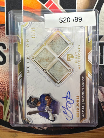 2025 Topps Inception MLB Greg Jones Inception MLB First Rookie Milestones Autograph Relic Home Run Rookie /99
