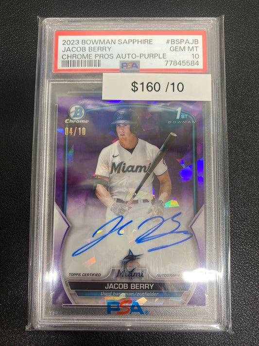 2023 Bowman Sapphire Jacob Berry Chrome Pros Auto-Purple /10 PSA 10