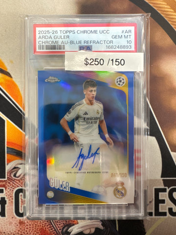 2025-26 Topps Chrome UCC Arda Guler Chrome Autograph Blue Refractor /150 PSA 10
