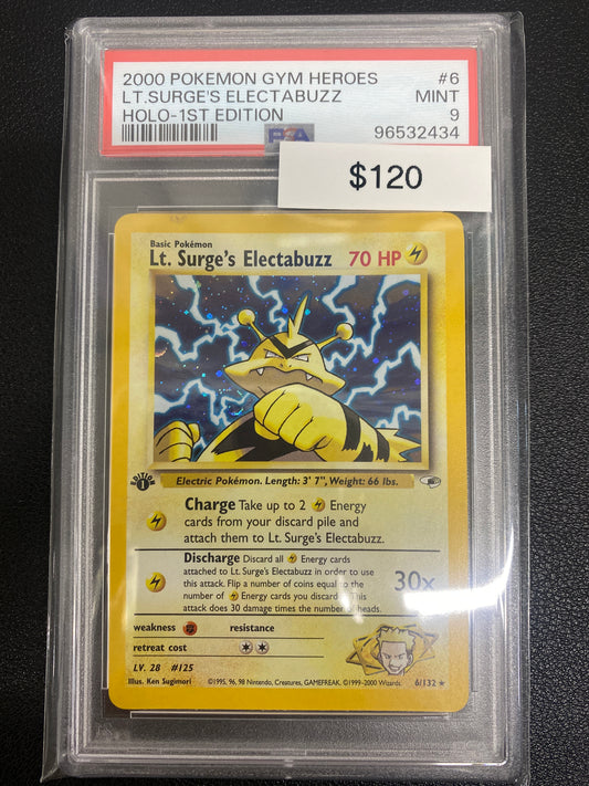 Pokémon 1st Edition Gym Heroes Lt. Surge’s Electabuzz Holo PSA 9