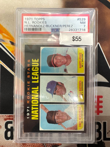 1971 Topps MLB National League Rookies Enzo Hernandez, Bill Buckner & Marty Perez PSA 7