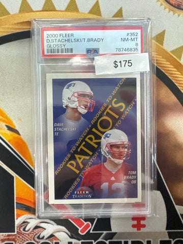 2000 Fleer Football Dave Stachelski & Tom Brady Rookies To Watch Glossy PSA 8